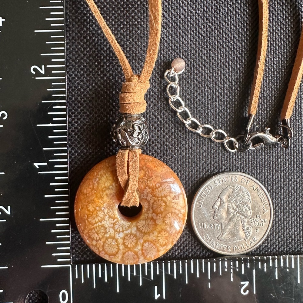 Yellow Golden Coral Fossil Donut Pendant Choker on Brown Faux Suede - Picture 10 of 11